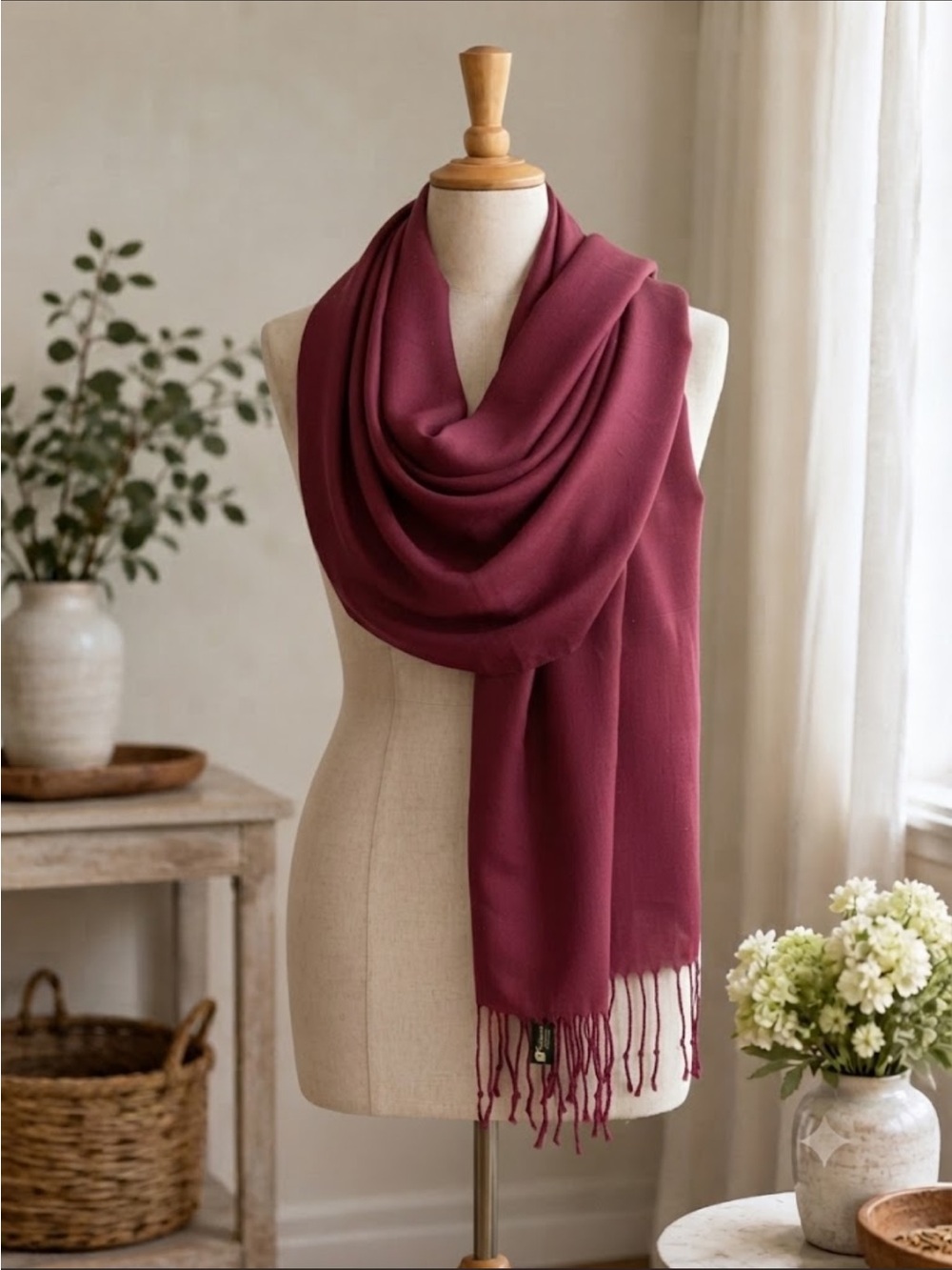 Tabbara Pashmina Berry Burgundy Fringe Scarf Made in Turkey
